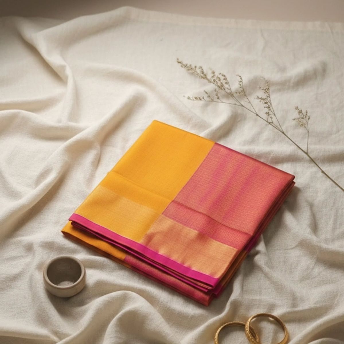 Pure Kanjivaram Silk Saree in Rani Pink with Parrot Green Border