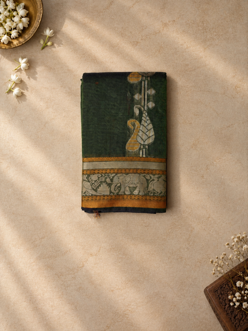 Bottle Green Chettinad Cotton Saree with Elephant and Peacock Border