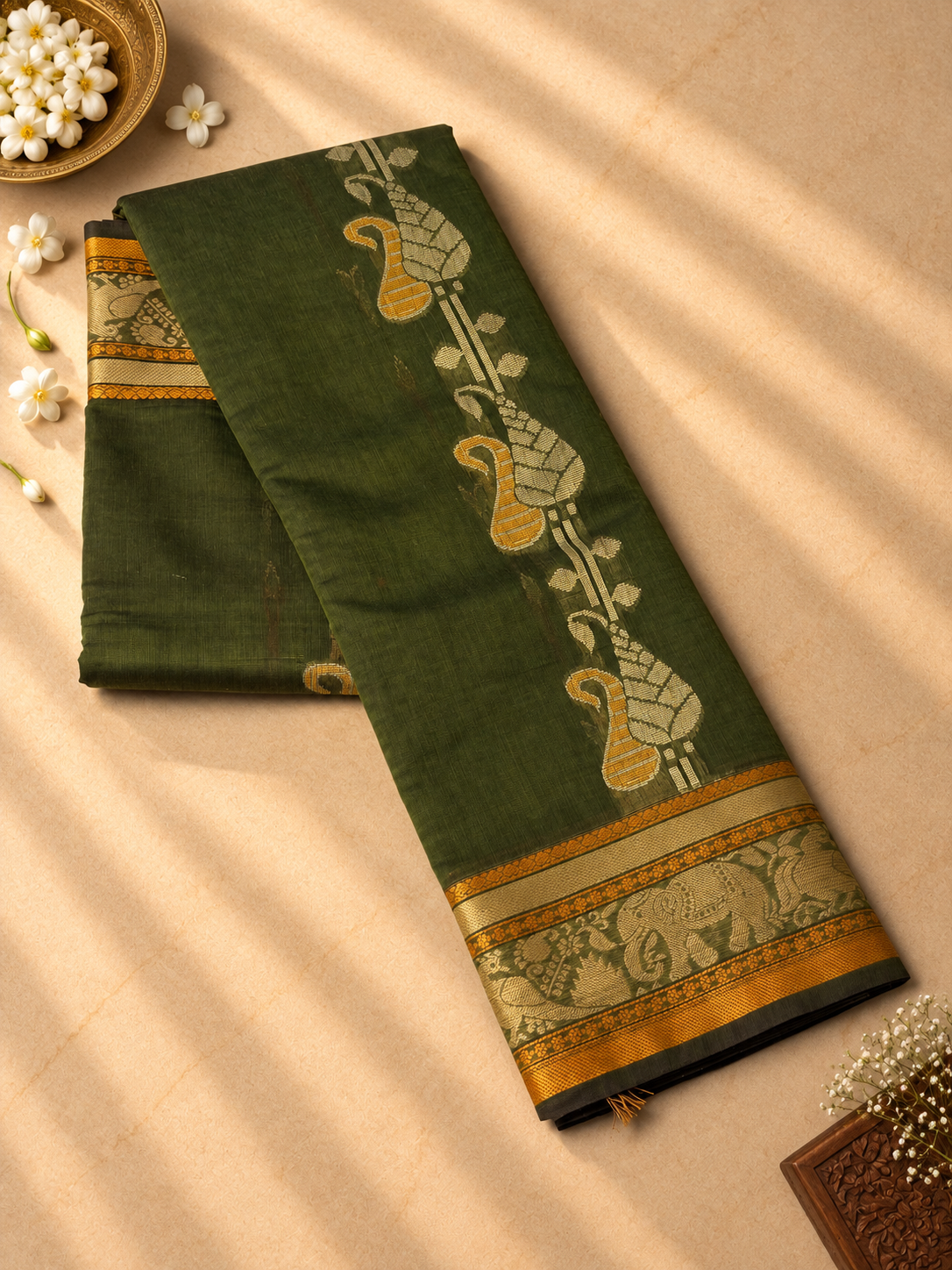 Bottle Green Chettinad Cotton Saree with Elephant and Peacock Border