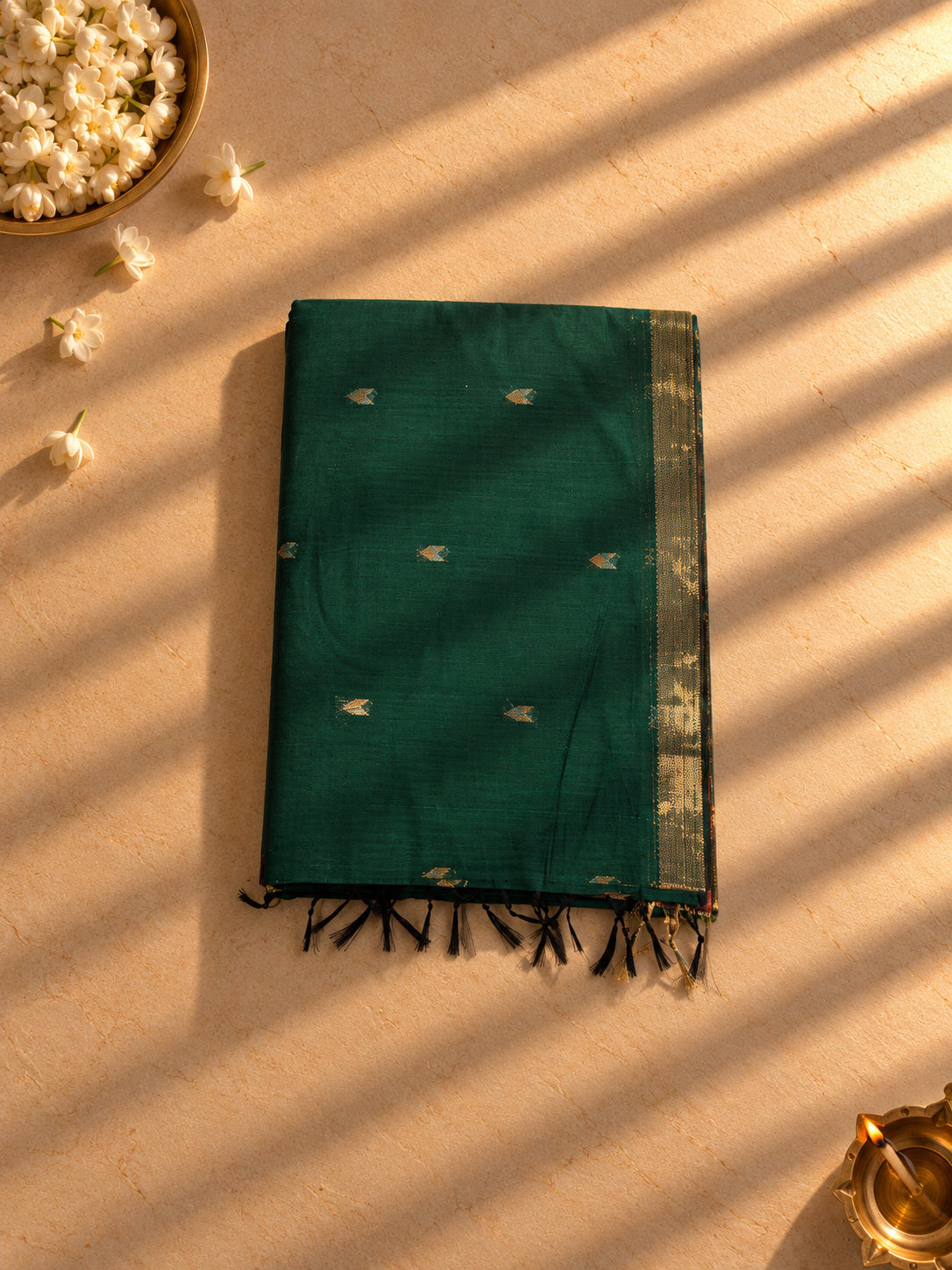 Bottle green Coimbatore cotton saree with gold arrow buttas, folded