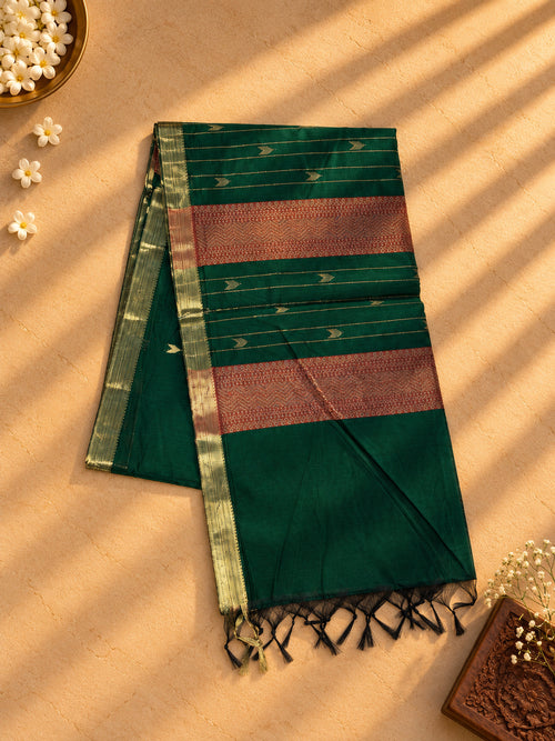 Bottle green Coimbatore cotton saree, striped pallu with maroon bands