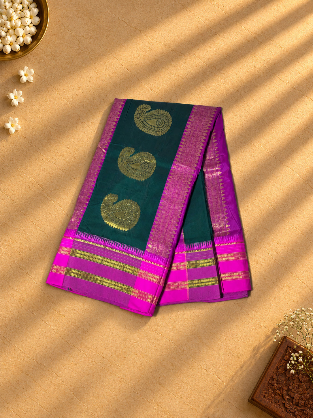 Bottle green Narayanpet cotton saree, pallu with large gold mango motifs