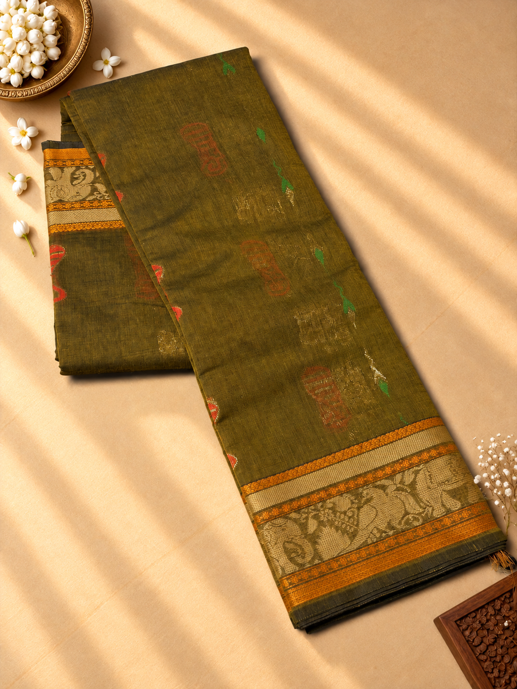 Dark Olive Chettinad Cotton Saree with Mustard Elephant Border