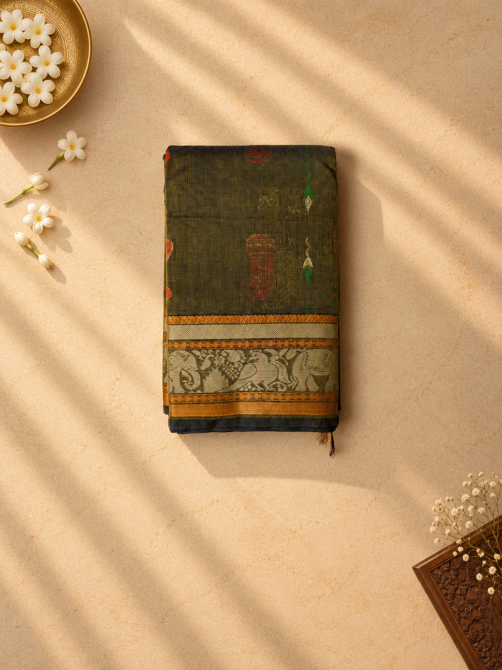 Dark Olive Chettinad Cotton Saree with Mustard Elephant Border