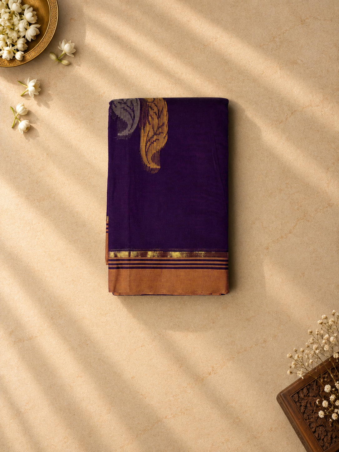 Deep Purple Chettinad Cotton Saree with Copper Border and Mango Motif