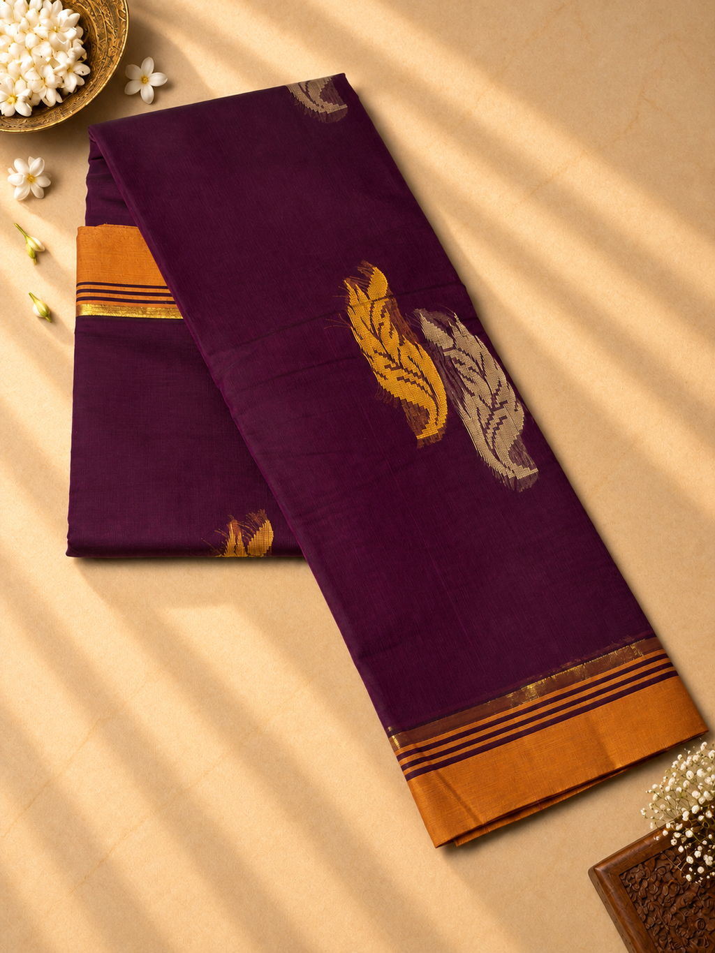 Deep Purple Chettinad Cotton Saree with Copper Border and Mango Motif