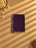 Deep purple Coimbatore cotton saree with gold paisley buttas, folded