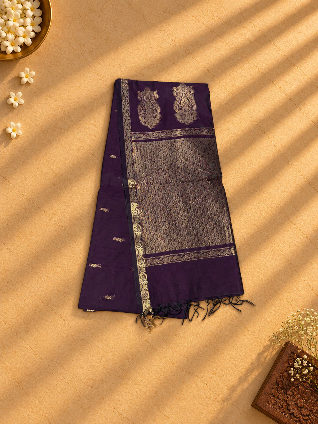 Deep purple Coimbatore cotton saree, zari pallu with large paisleys