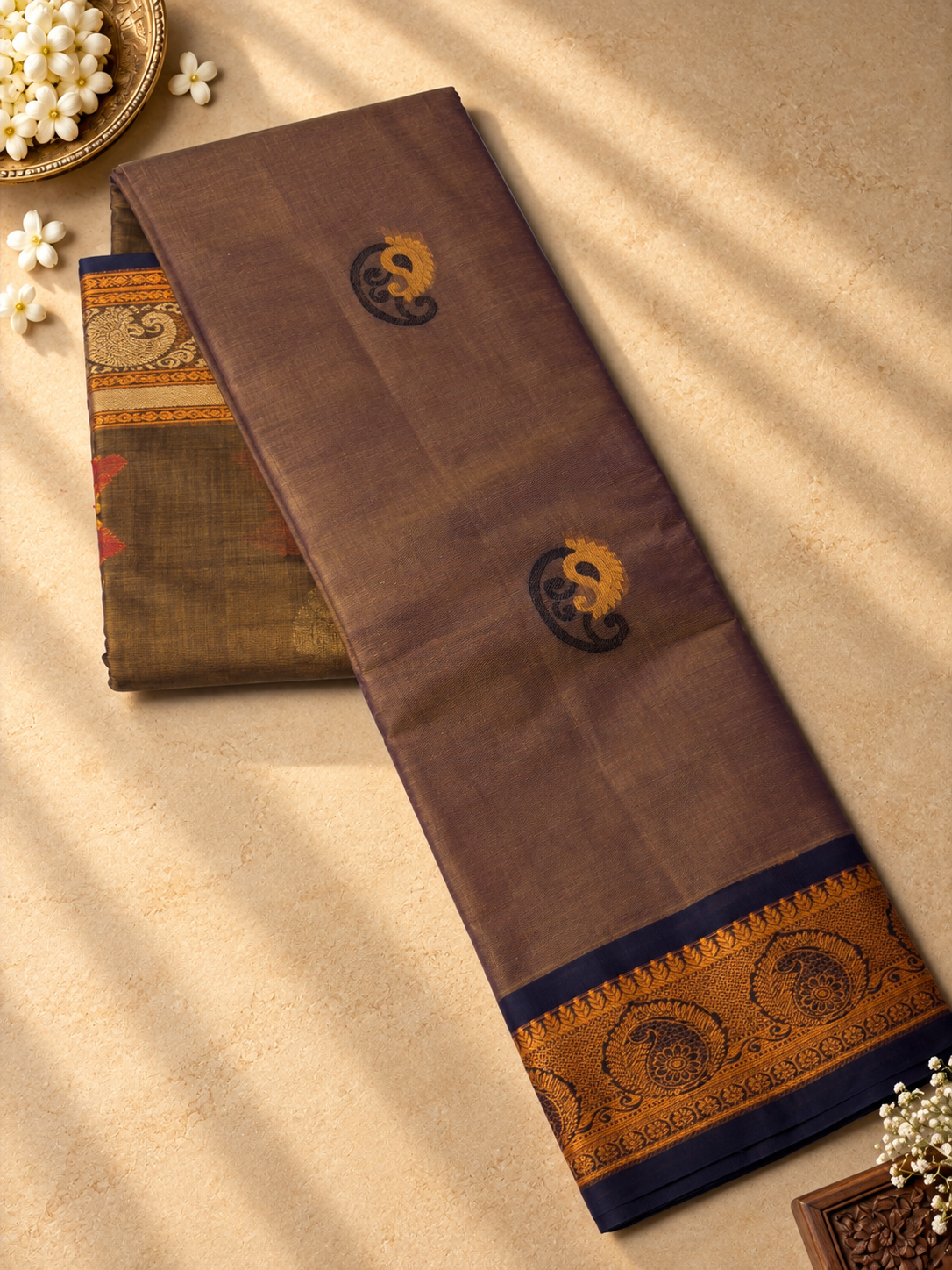 Dusty Blue Grey Chettinad Cotton Saree with Navy Paisley Border