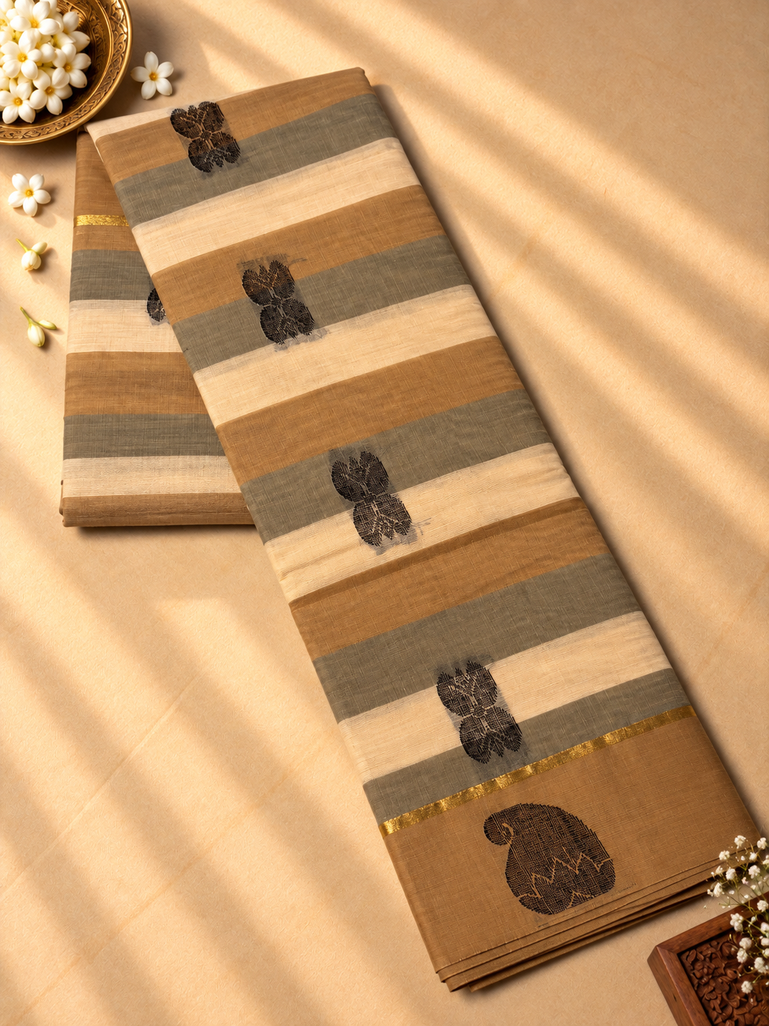 Grey and Sand Chettinad Cotton Saree with Black Mango Buttas