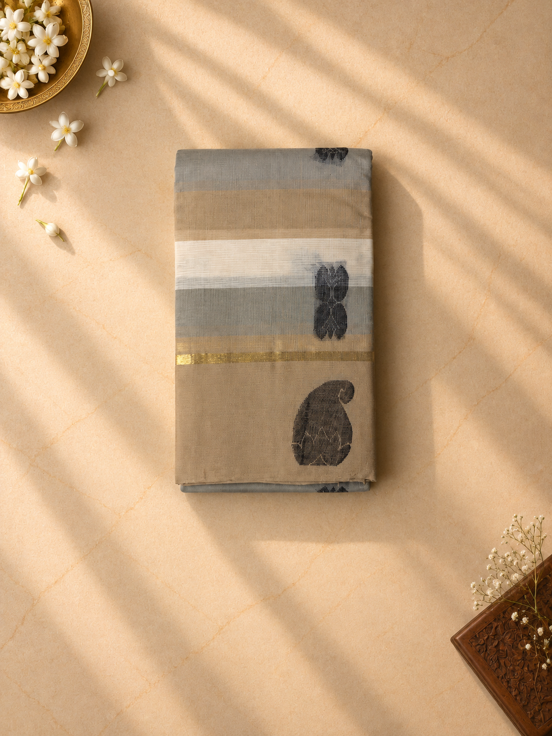 Grey and Sand Chettinad Cotton Saree with Black Mango Buttas