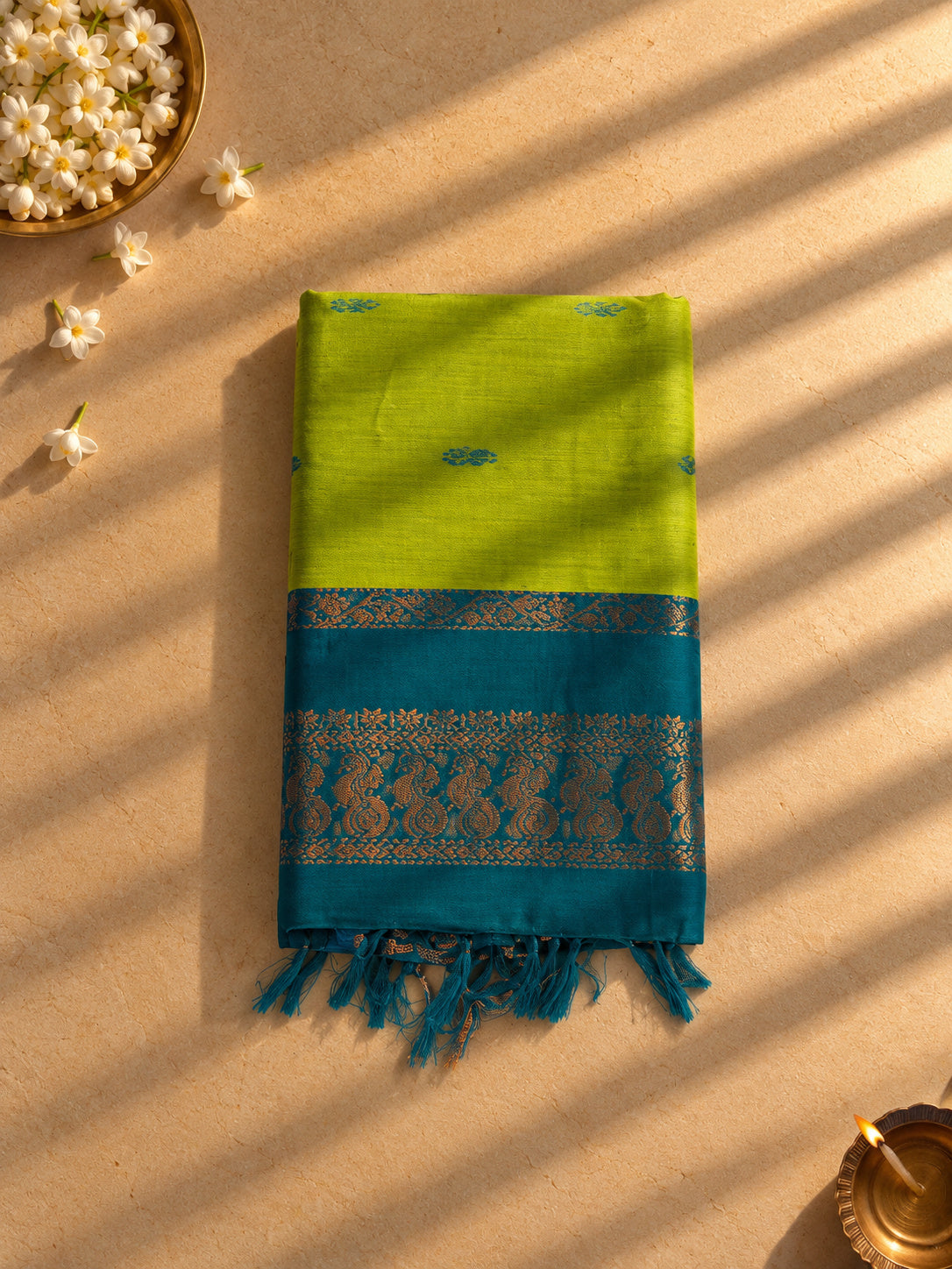 Lime green Gadwal cotton saree with teal peacock border, folded