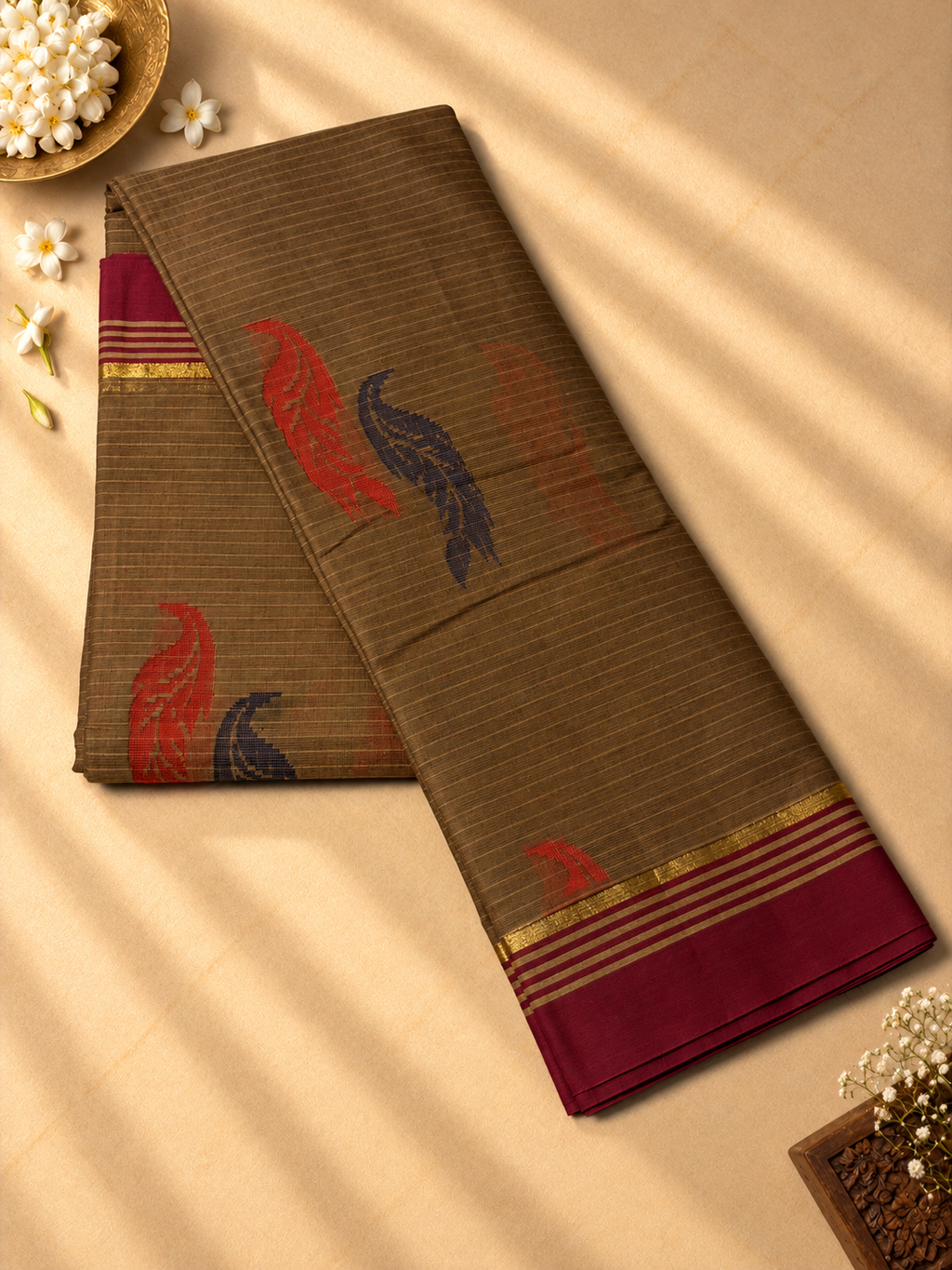 Moss Brown Chettinad Cotton Saree with Wine Border