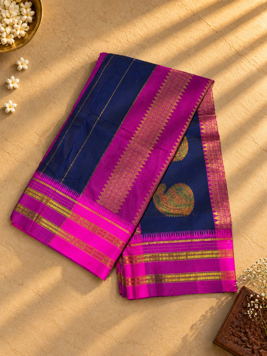 Navy blue Narayanpet cotton saree, pallu with zari mango motifs and magenta temple border