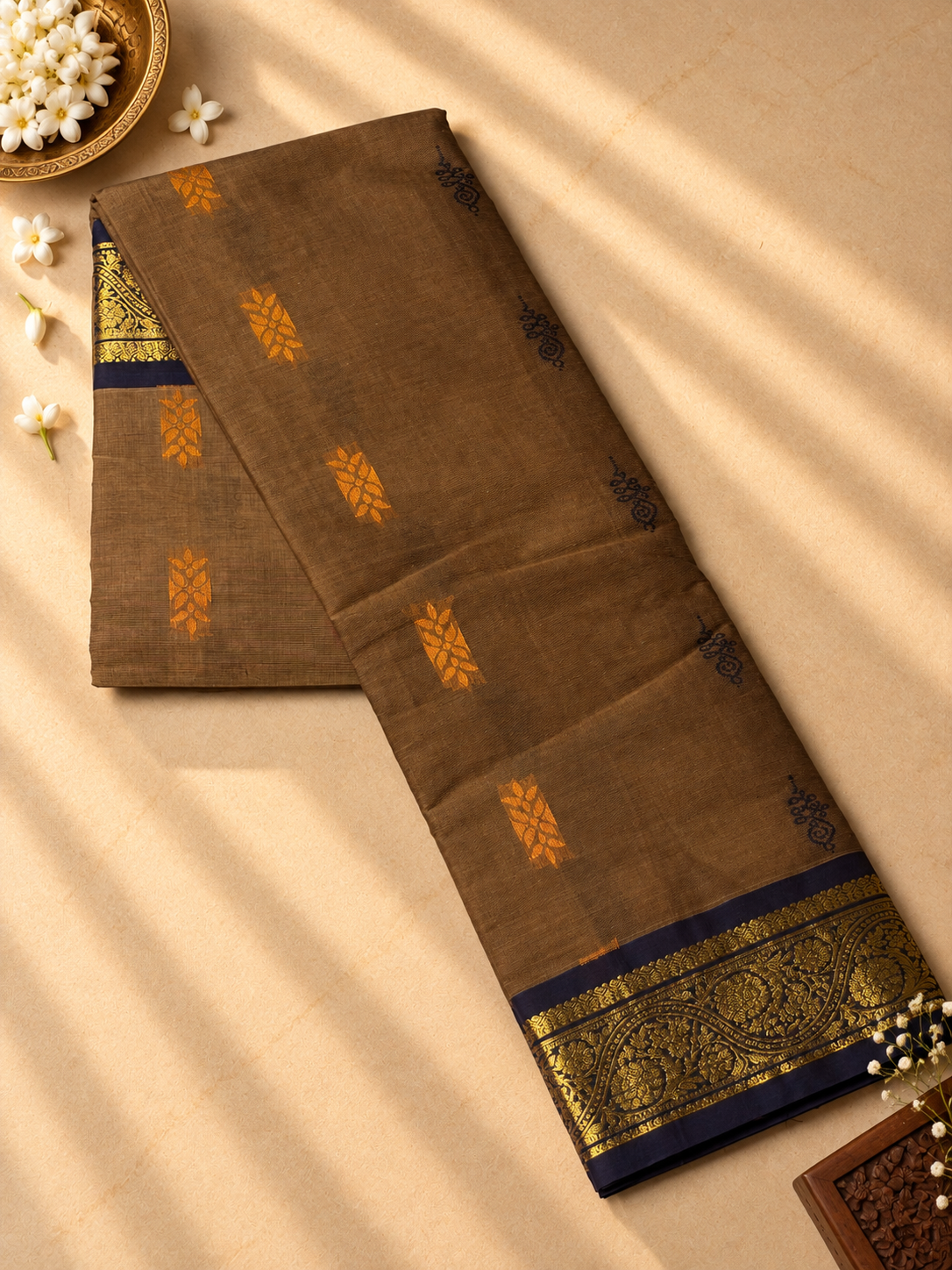 Olive Brown Chettinad Cotton Saree with Navy and Gold Border