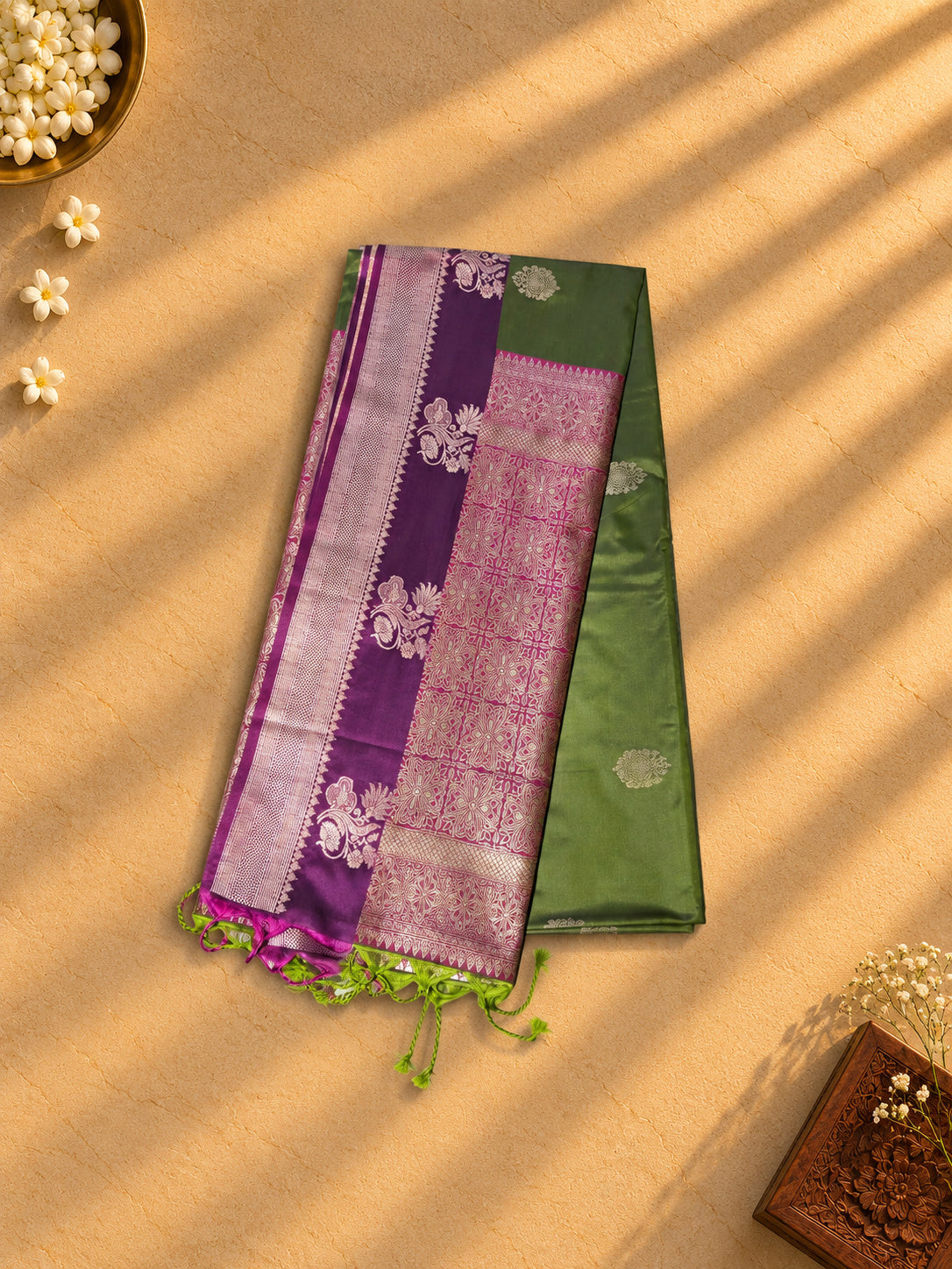 Olive green soft silk saree, purple and pink pallu with silver zari florals