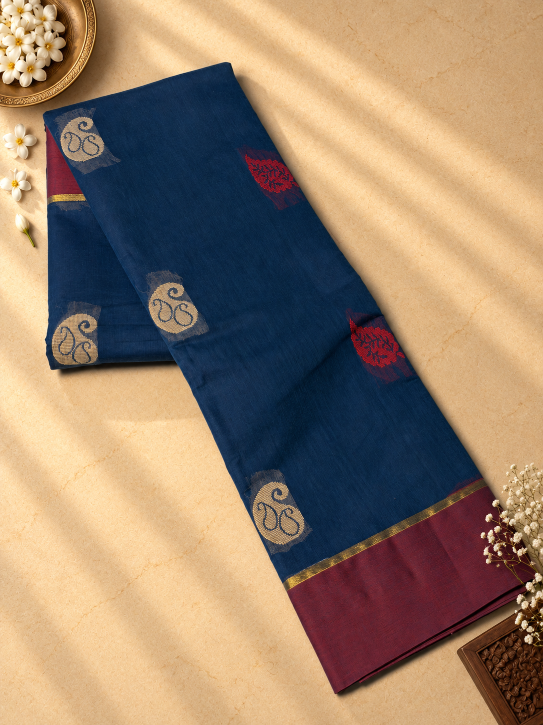 Peacock Blue Chettinad Cotton Saree with Plum Border and Mango Buttas