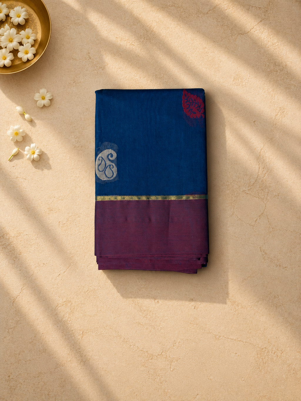 Peacock Blue Chettinad Cotton Saree with Plum Border and Mango Buttas