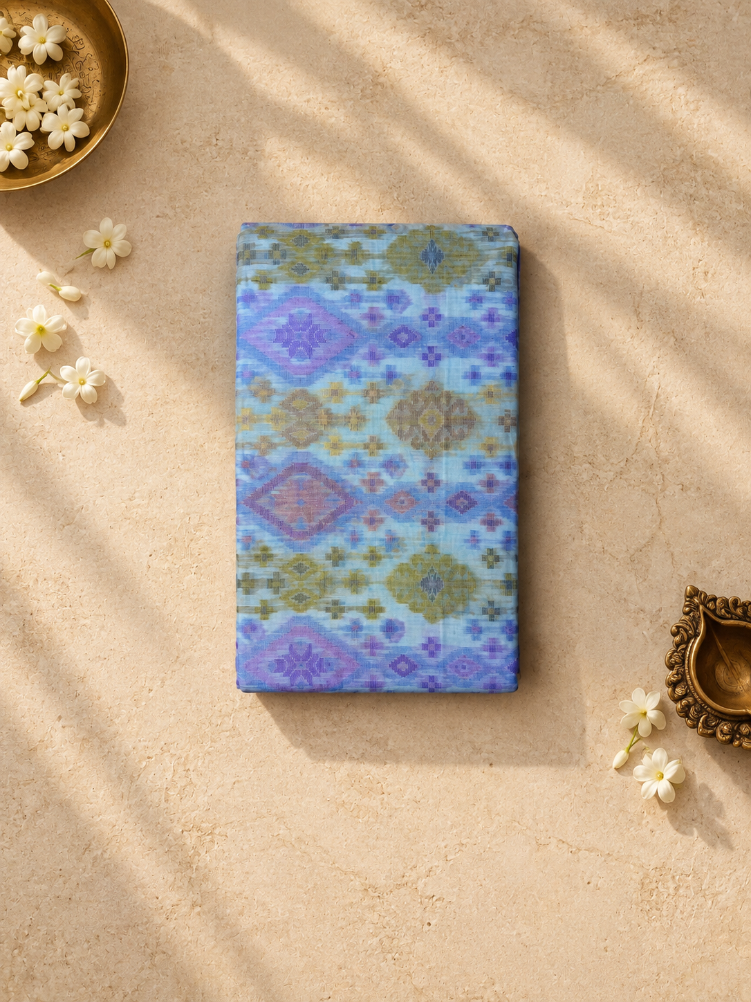 Powder Blue Chettinad Cotton Saree with Purple and Olive Diamond Motifs