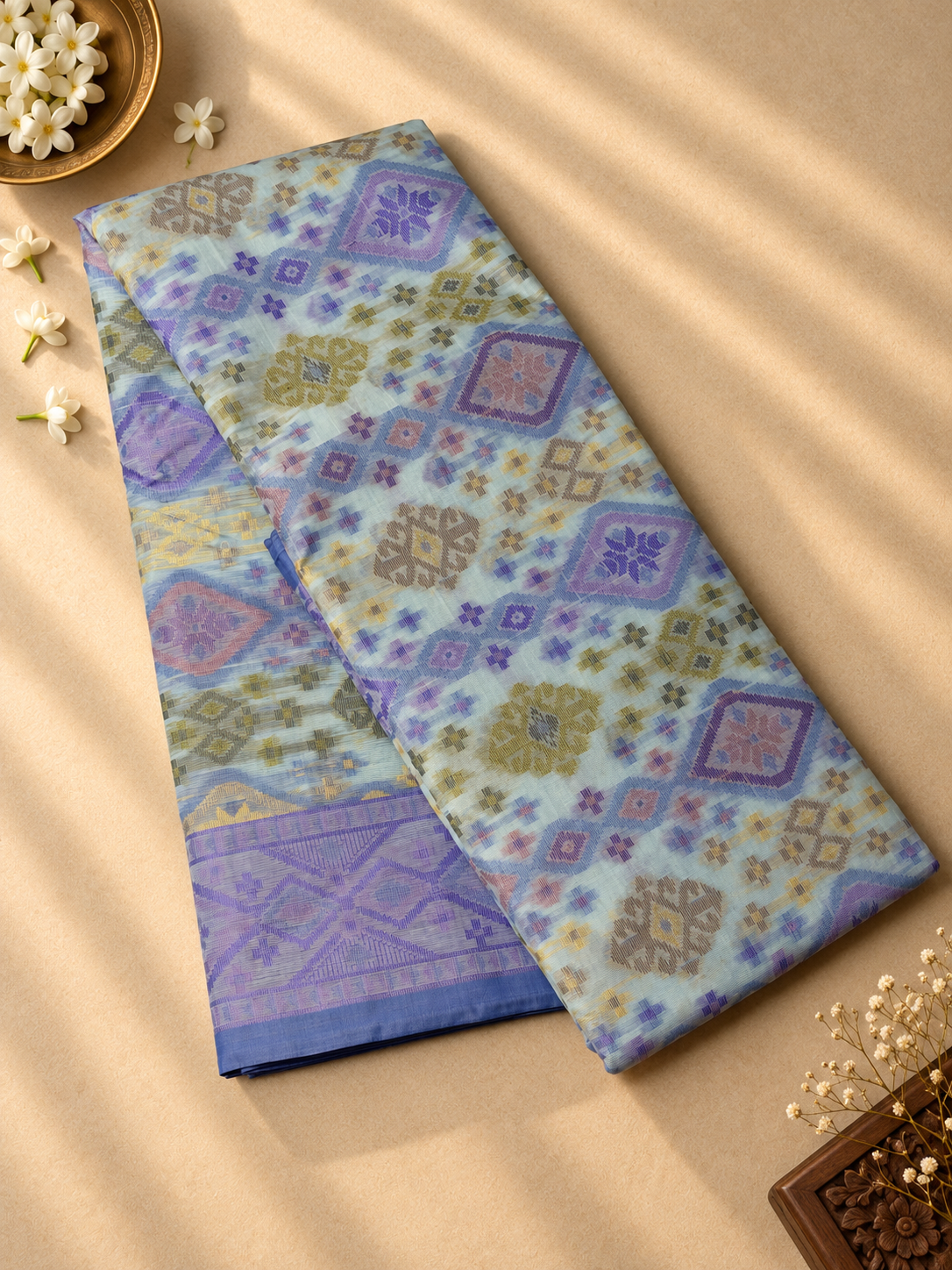 Powder Blue Chettinad Cotton Saree with Purple and Olive Diamond Motifs