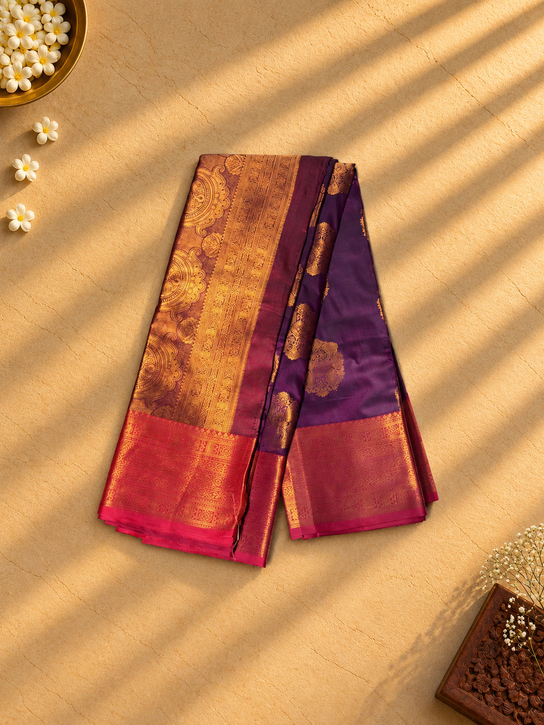 Purple semi silk saree, gold zari pallu with rani pink border