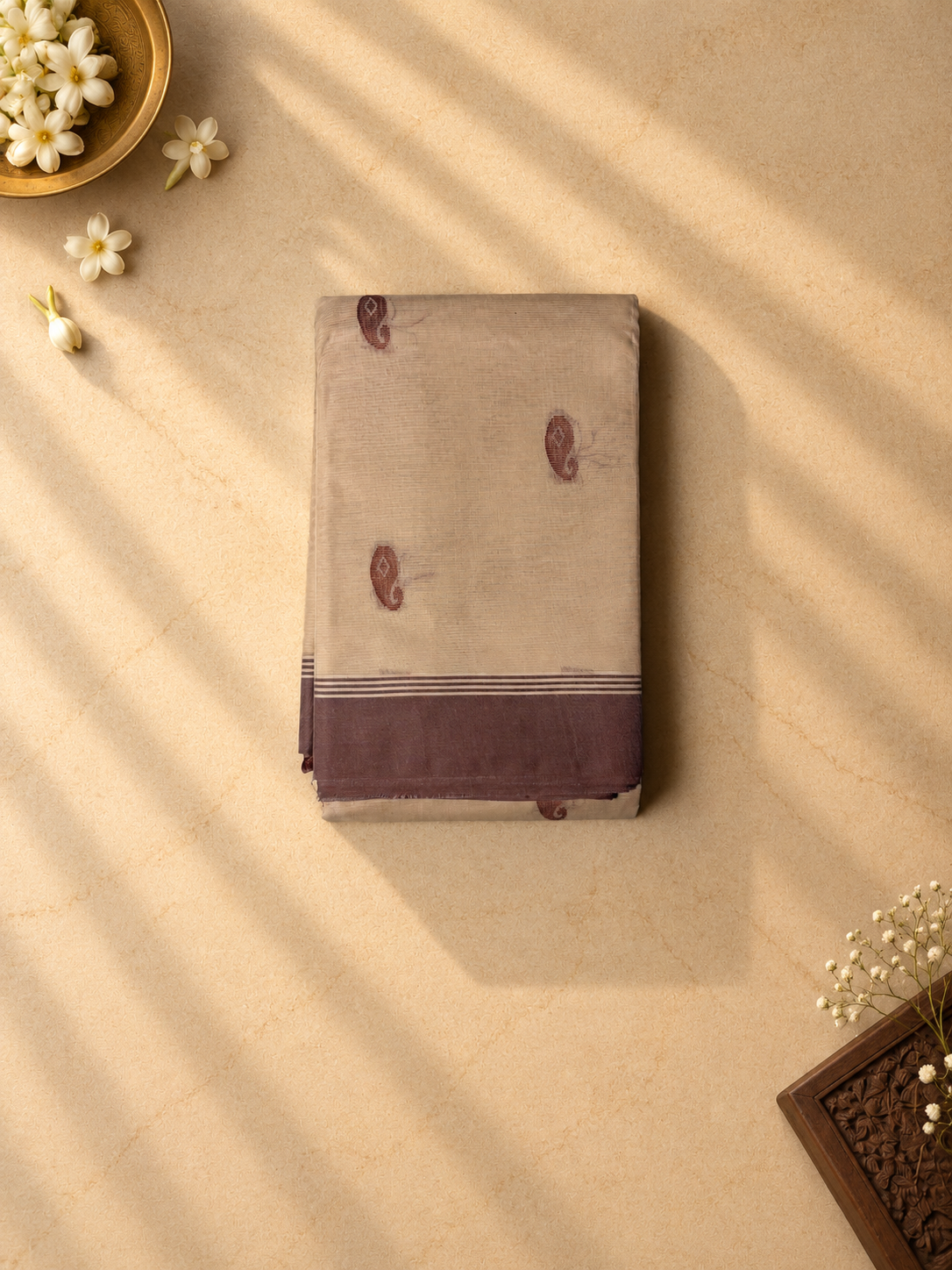 Sand Beige Chettinad Cotton Saree with Plum Border and Mango Buttas