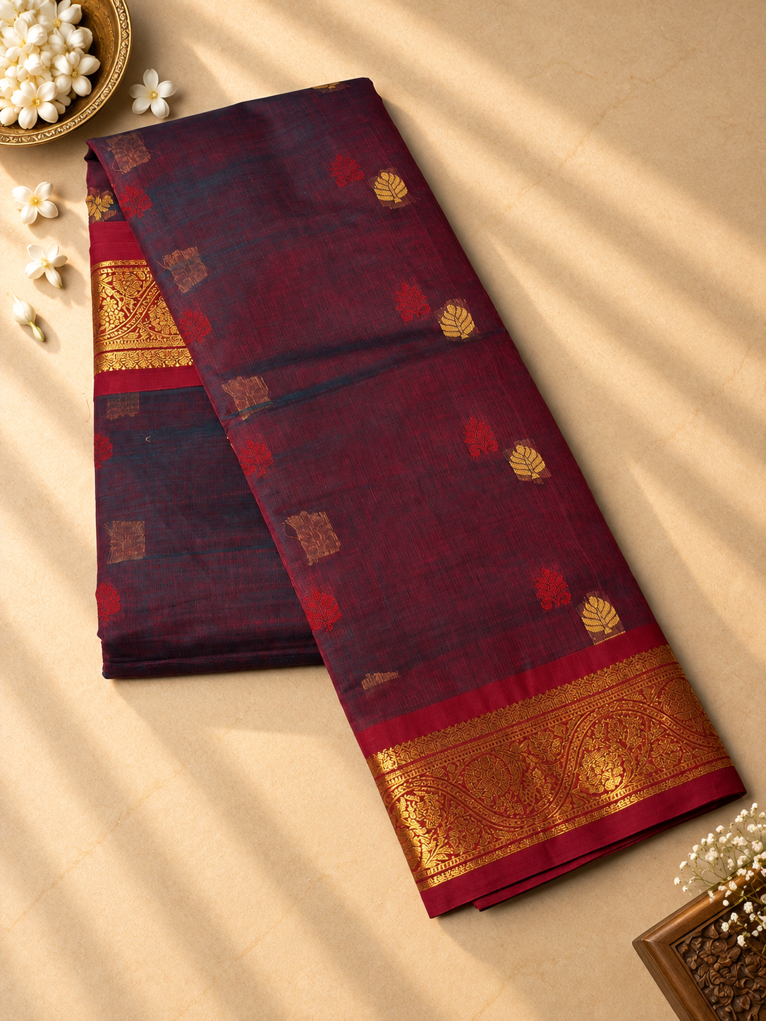 Teal Violet Chettinad Cotton Saree with Magenta Border