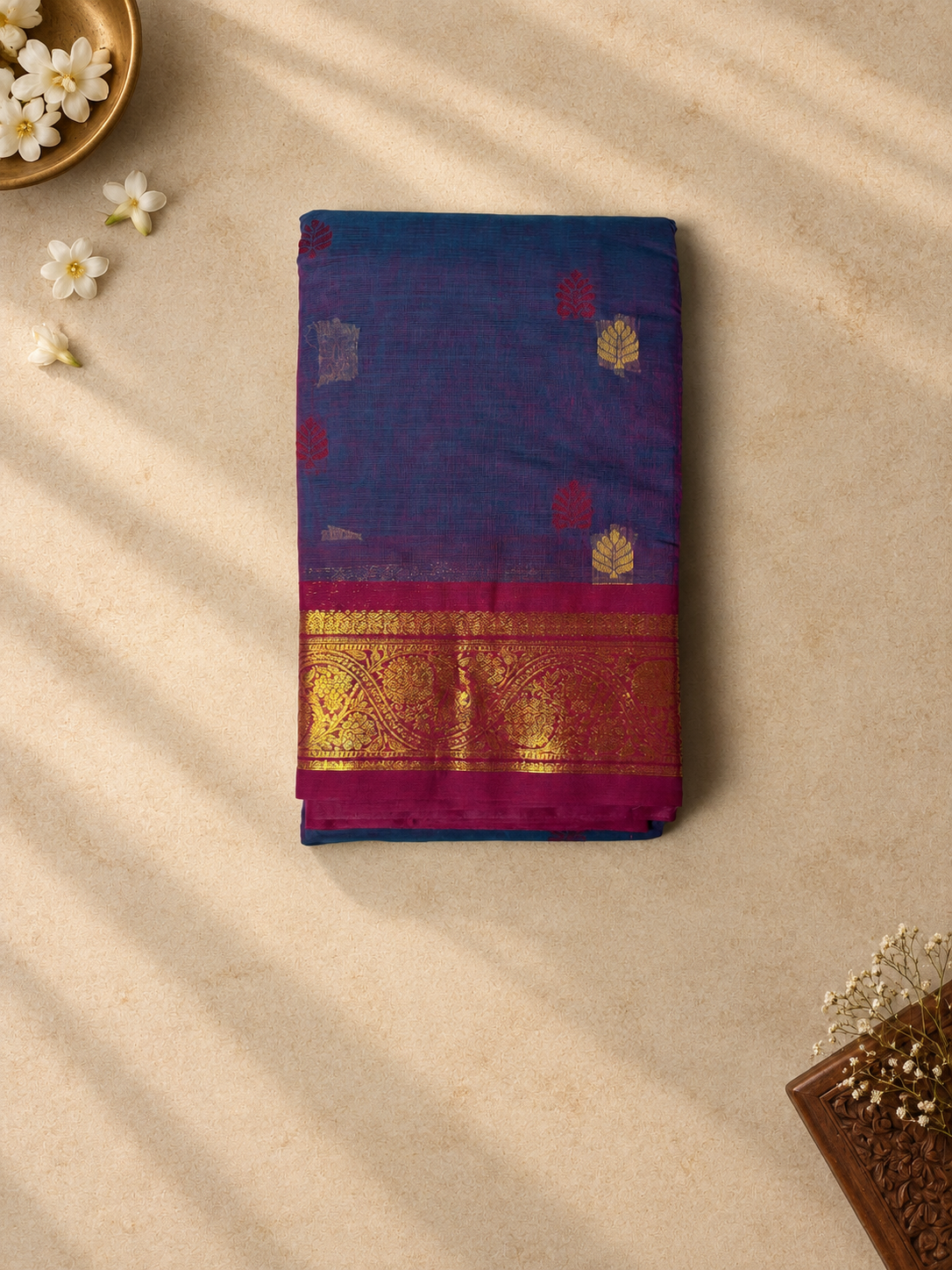 Teal Violet Chettinad Cotton Saree with Magenta Border